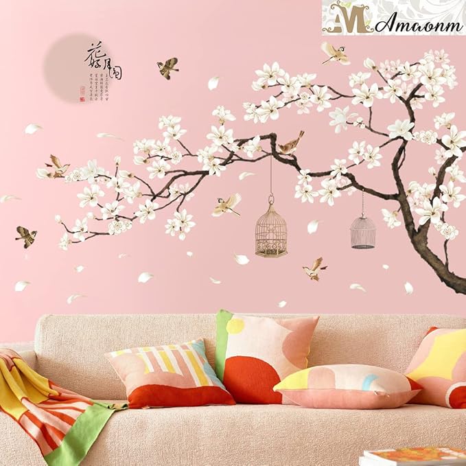 Chinese Style White Flowers Black Tree and Flying Birds Wall Stickers Removable DIY Wall Art Decor Decals Murals for Offices Home Walls Bedroom Study Room Wall Decaoration, 50inchx74inch