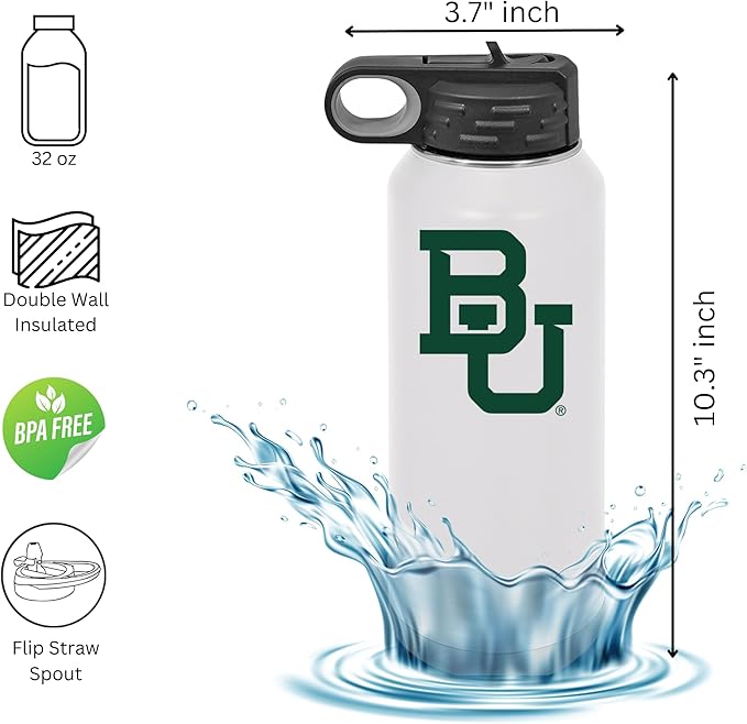 Baylor University Bears 32oz Stainless Steel Double Walled White Beverage Bottle with Flip Straw Spout – College Gear for Playoff Season – For Office, Home or Auto – Show your Baylor Pride