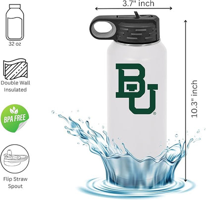 Baylor University Bears 32oz Stainless Steel Double Walled White Beverage Bottle with Flip Straw Spout – College Gear for Playoff Season – For Office, Home or Auto – Show your Baylor Pride