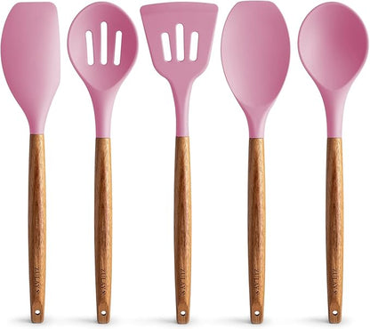 Zulay Kitchen Utensils Set - Non-Stick Silicone Cooking Utensils Set with Authentic Acacia Wood Handles - 5 Piece Silicone Utensil Set - Silicone Kitchen Utensils Set (Pink)