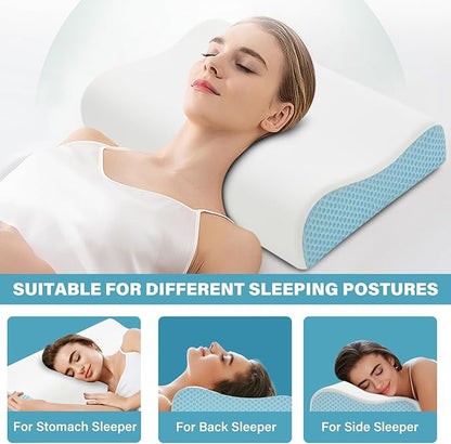 2 Pack Memory Foam Cooling Bed Pillows for Sleeping, Ergonomic Cervical Pillow for Neck and Shoulder Pain Relief, Adjustable Cold Pillow Set of 2,with Pillowcase（Blue）