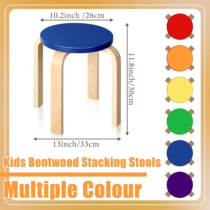 6 Pcs 12 Inch Bentwood Stacking Stool for Kids Colored Durable Round Nesting Stool Flexible Wood Stackable Stool Chairs for Playroom Daycare Home Classroom (Classic Color)