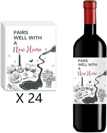 24 Pcs Housewarming New Home Wine Labels Housewarming Gifts New Home Housewarming Party Decorations New Place Gifts Realtor Gifts for Her Him Pairs Well with A New Home Wine Bottle Labels.