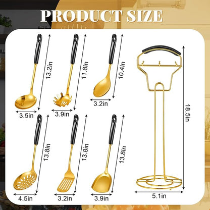 Black and Gold Cooking Utensils Set 7 Pcs Stainless Steel Kitchenware Includes Hanging Shelf Include Slotted Spoon, Slotted Spatula, Large Spoon, Soup Ladle, Spatula, Pasta Spoon