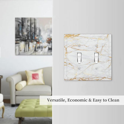 White Gold Marble Double Toggle Light Switch Covers 2 Gang Wall Plate Dual Decorative Switchplate Electrical Faceplate for Bathroom Country Kitchen Bedroom Decor, 4.9" x 5"