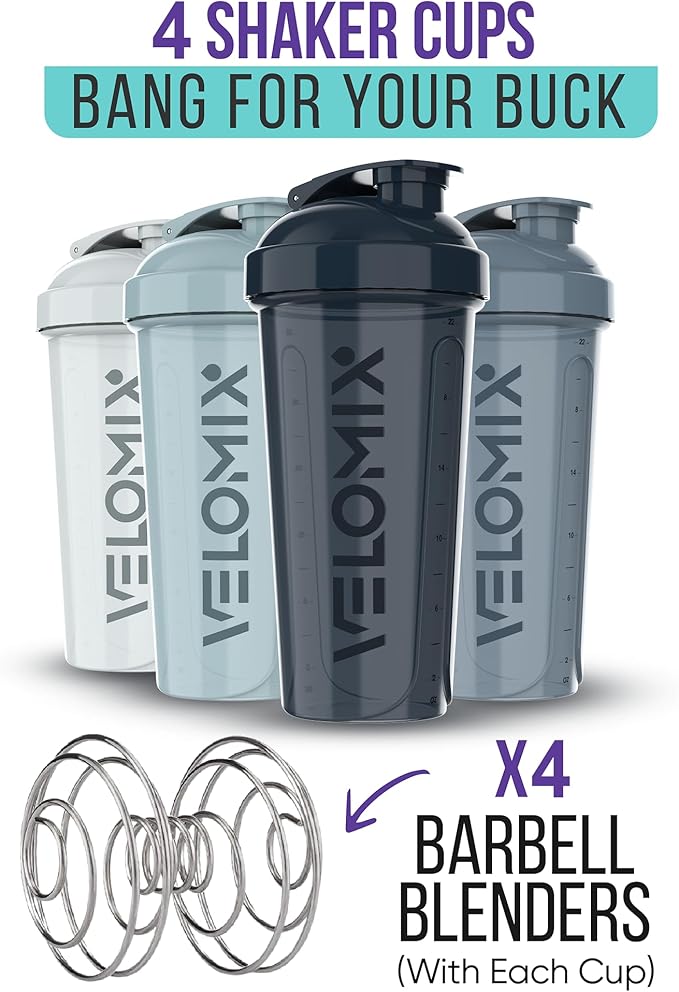 -4 PACK- 28 oz Shaker Cups for Protein Shakes - 4x Wire Whisk | Leak Proof Protein Shaker Bottles for Protein Mixes | Protein Shaker Bottle Pack | Mixer for Protein Shakes