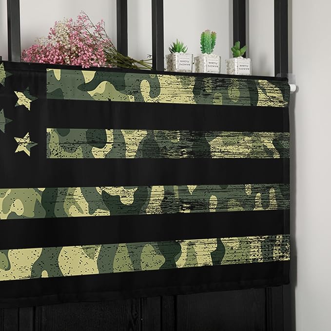 Vandarllin Rustic Green Camo Military Pattern American Flag Kitchen Curtains Valances for Windows Camouflage Rod Pocket Window Treatment for Kitchen/Living Room/Bedroom/Bathroom,60" X 18" -1 Panel,