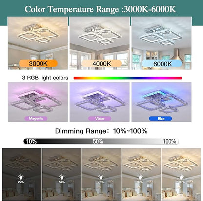 ZGLAOJT Modern Crystal Ceiling Light Chrome RGB 3-Color LED Flush Mount Ceiling Light Fixture with Remote Control Dimmable Ceiling Lighting Chandelier for Kitchen Bedroom Dinning LivingRoom.