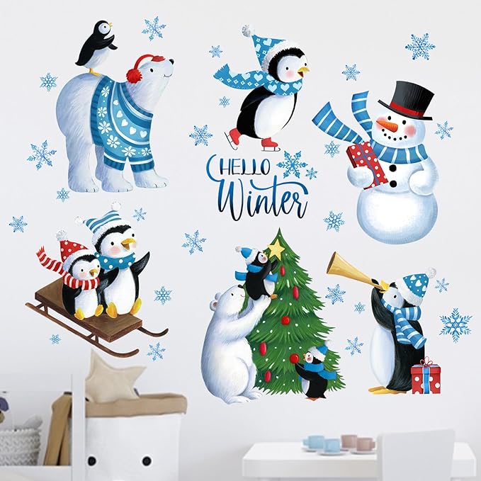 Yovkky Hello Winter Wall Decals Stickers, Christmas Tree Winter Bear Penguin Snowman Snowflakes Nursery Decorations Kids Bedroom Art, Xmas Baby Boys Girls Room Living Room Kitchen Holiday Decor Gift