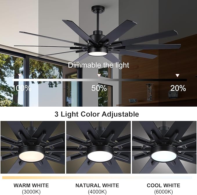 72 inch Large Black Ceiling Fans with Lights and Remote,Industrial ceiling fan 6 Speed Reversible Quiet DC Motor, 3 CCT,10 Blades Indoor/Outdoor Black Modern Ceiling Fan for Kitchen Living Room Patio