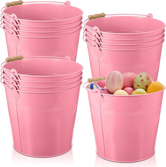 12 Pcs Large Galvanized Metal Buckets with Handle 10 Inch Heavy Duty Stainless Steel Pails Round Pail for Party Wedding, Crafts, Utensils, Table Centerpieces (Pink)