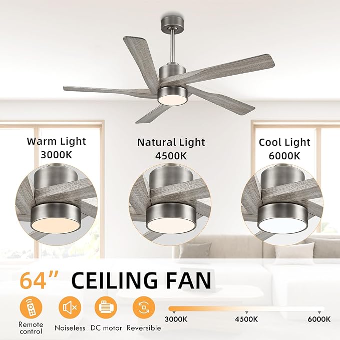 WINGBO 64" ABS DC Ceiling Fan with Lights, 5 Blade ABS Wood Grain Ceiling Fan with Remote, 6-Speed Reversible DC Motor, LED Ceiling Fan for Kitchen Bedroom Living Room, Antique Nickel and Grey