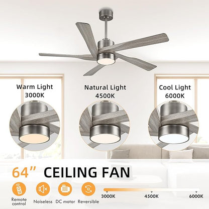 WINGBO 64" ABS DC Ceiling Fan with Lights, 5 Blade ABS Wood Grain Ceiling Fan with Remote, 6-Speed Reversible DC Motor, LED Ceiling Fan for Kitchen Bedroom Living Room, Antique Nickel and Grey