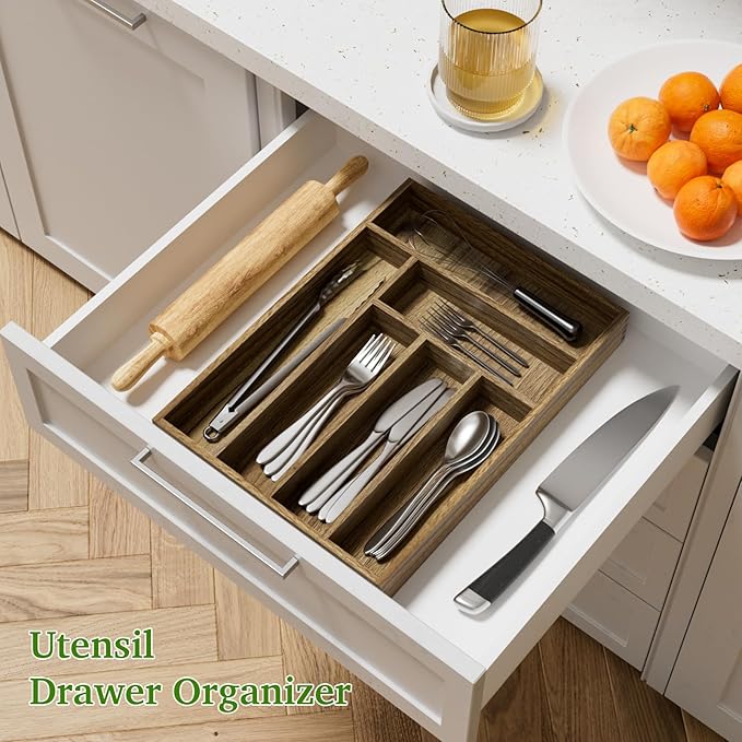 Acacia Wood Silverware Drawer Organizer, Kitchen Utensil Cutlery Drawer Organizer with Dividers, Flatware Organizer, Silverware Tray Holder for Spoons, Forks, 11.8''x16.5'' (6 Slots)