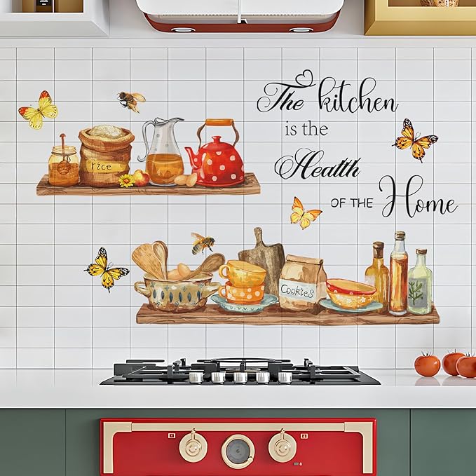 Kitchenware Wall Stickers Teapots Jars Cookie Rice Wall Decals Peel and Stick Kitchen Quote Wall Art Decors for Kitchen Dining Room Restaurant Bar Wall Decor