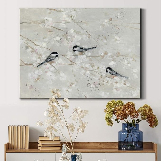 Renditions Gallery Canvas Nature Wall Art Home Paintings & Prints Elegant Little Birds Glam Romantic Abstract Modern Botanical Artwork Decor for Bedroom Office Kitchen - 24"x36" LT33