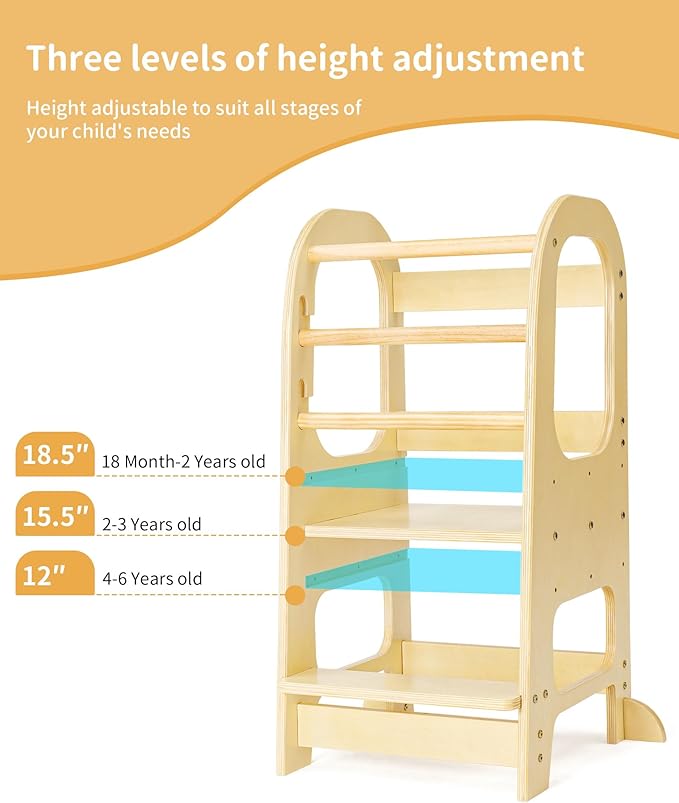 Toddler Helper Tower - Adjustable Height Toddler Learning Tower with 2 Safety Rails for Stability Wood Toddler Kitchen Stool Helper for Learning and Cooking - Ideal for Kids