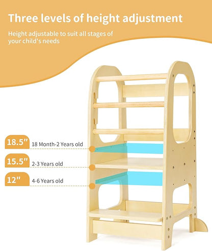 Toddler Helper Tower - Adjustable Height Toddler Learning Tower with 2 Safety Rails for Stability Wood Toddler Kitchen Stool Helper for Learning and Cooking - Ideal for Kids