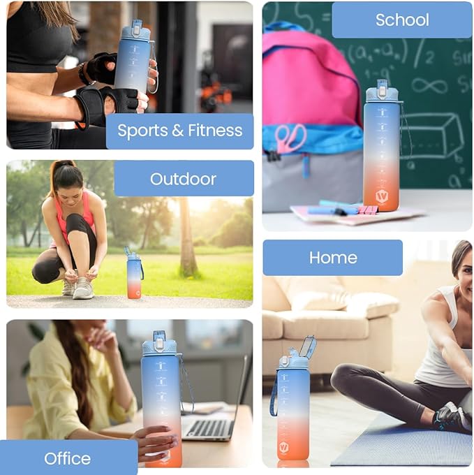 1L Water Bottle with Straw - Leak-Proof & BPA Free Reusable Sports Bottle - Motivational Time Markings for Hydration Durable Drink Bottle for Gym, Sports, Outdoor (Blue and Orange)