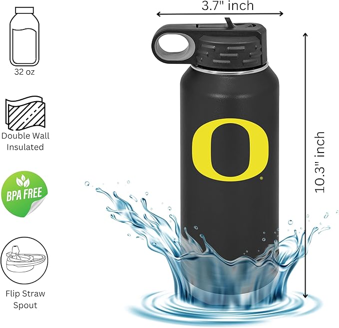 University of Oregon 32oz Stainless Steel Double Walled Black Beverage Bottle with Flip Straw Spout - College Gear for Playoff Season – For Office, Home or Auto – Show your Ducks Pride