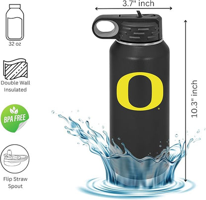 University of Oregon 32oz Stainless Steel Double Walled Black Beverage Bottle with Flip Straw Spout - College Gear for Playoff Season – For Office, Home or Auto – Show your Ducks Pride