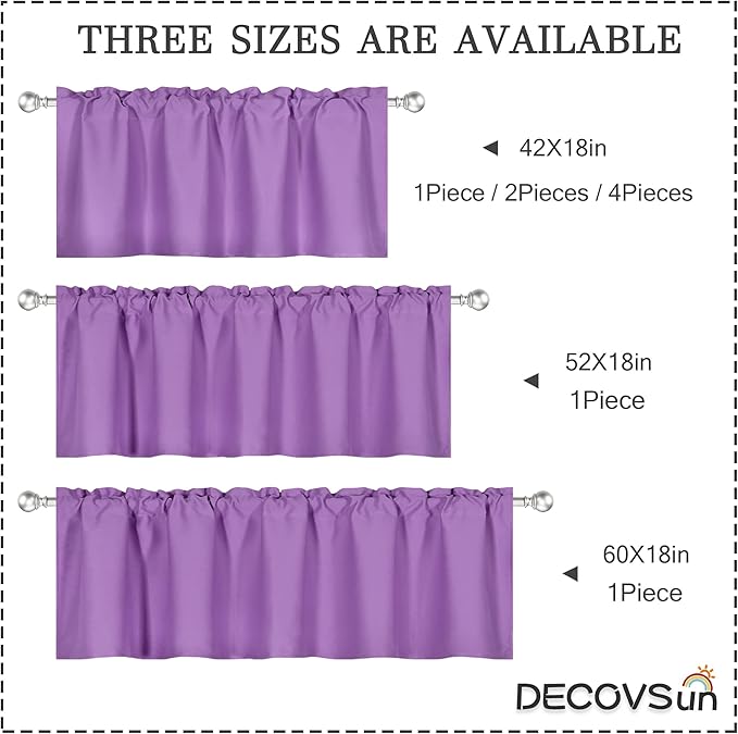 2 Panels Light Purple Valance for Windows 42x18 Inch Solid Thermal Insulated Blackout Rod Pocket Kitchen Short Curtain Toppers Valance for Living Room, Lilac Lavender