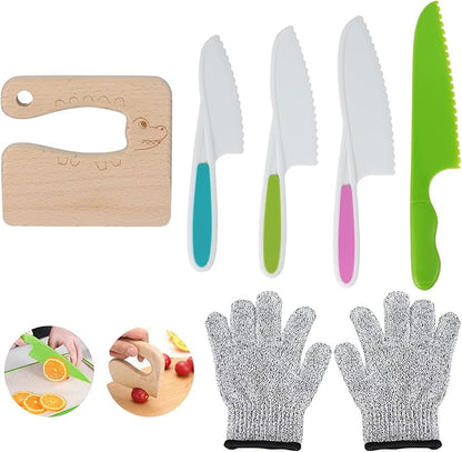 6pcs Kids Wooden and Plastic Knife Set, Kids Safe Knife with Wood Kids Knife Resistant Gloves Cooking Knives Serrated Edges Toddler Knife Kids Plastic Knife for Kitchen Children