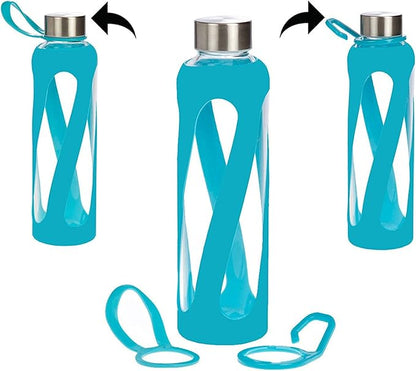 1, 2, 3, 4- PACKS - 20 oz Leak Proof, Reusable Pure Borosilicate Tempered Glass Water Bottle, Non-Slip Silicone Sleeve, 2 Attachments: Loop and Hook, Free of BPA, BPS, BPF, PVC, Phthalates