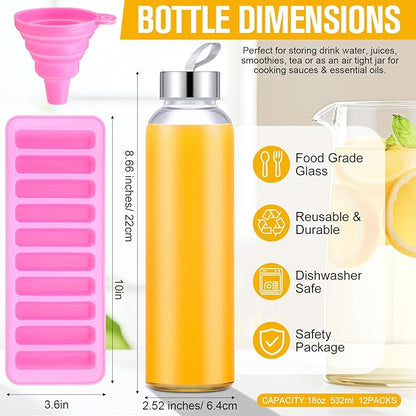 12 Pcs 18 oz Glass Water Bottles Glass Juice Bottles with Protection Sleeves, Stainless Steel and Bamboo Lids Reusable Glasses Funnel, Ice Mold, Brush for Milk Smoothie Beverage Tea