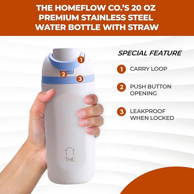 The HomeFlow Co.'s 20 oz Water Bottle with Straw - Leakproof Stainless Steel BPA-Free Water Bottle, Double Walled & Vacuum Insulated (White & Blue)