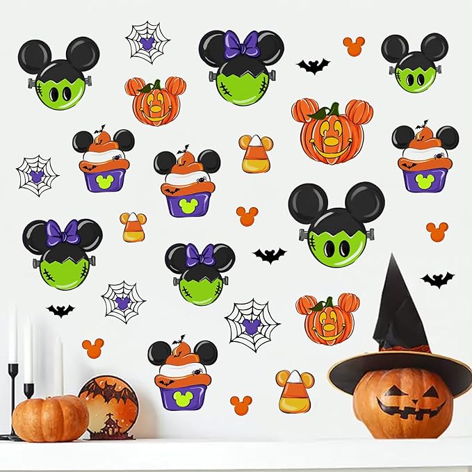 Mfault Halloween Cartoon Mouse Wall Decals Stickers, Jack O Lantern Pumpkin Cupcake Decorations Bedroom Art, Spider Web Bat Funny Holiday Home Kitchen Decor