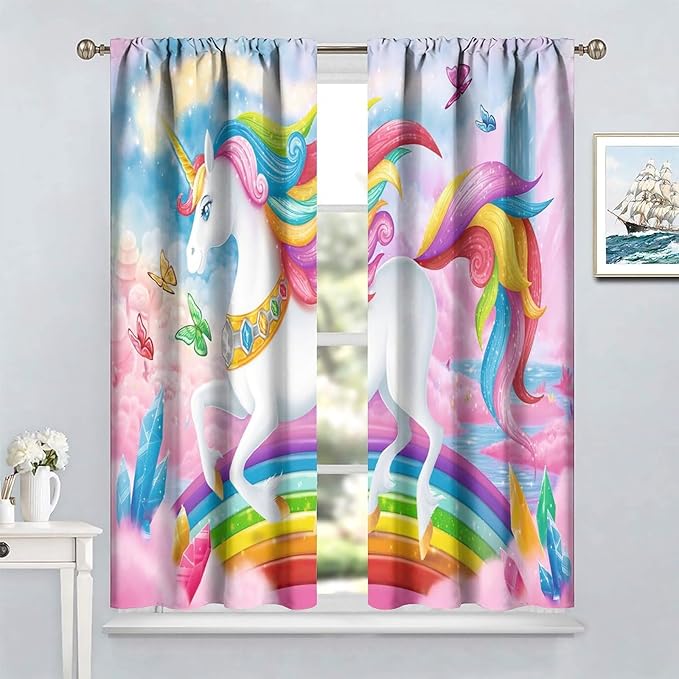 Unicorn Curtains Pink Kids Cartoon Room Darkening Decor Curtains Boys Girls Baby Room Decor Curtains Living Room Kitchen Decor 42x45 Inch 2 Panels