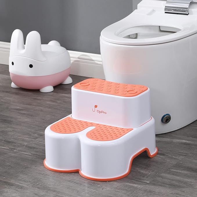 2 in 1 Anti Slip Bunny, Detachable Double Up Kids, Wide Step Toddler Step Stool, Kids Step Stool for Toilet Potty Training, Kitchen, and Bathroom(Orange)