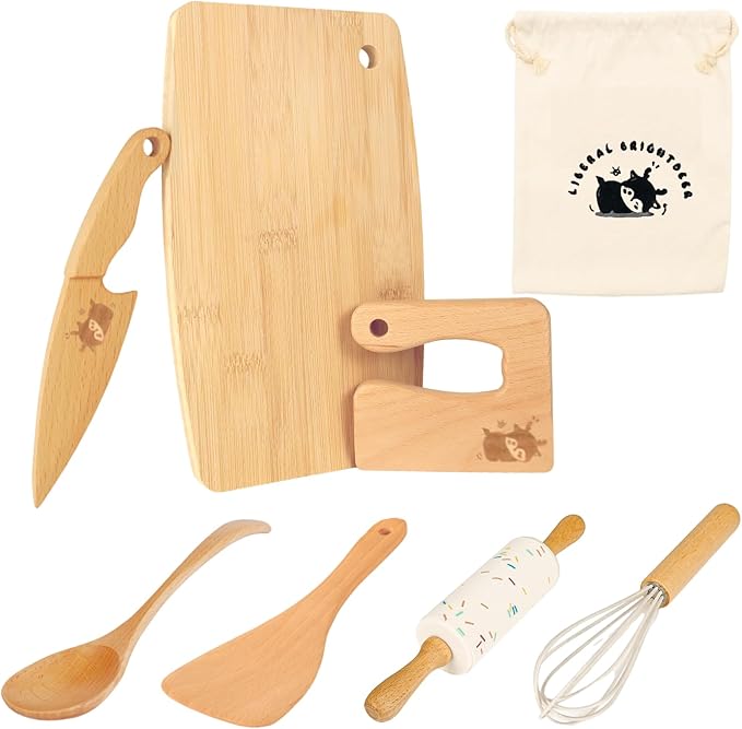 Wooden Kids Safe Knife and Kids Baking Set for Real Cooking, 8 PCS Toddler Montessori Kitchen Tools, Cooking and Baking for Kids Little Chefs Montessori Kitchen Tools for Toddlers-Kids Cooking Sets