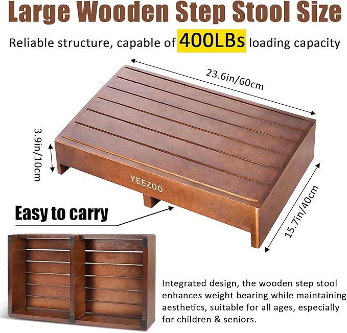 Wooden one Step Stool- Solid Pine Wood Step Riser with Non-Slip Pads, Wood Step Stool for Elderly Adults, high Bed, Bathroom, Kitchen (23.6" L*15.7" W*3.9" H, Brown, 400LBs Capacity)