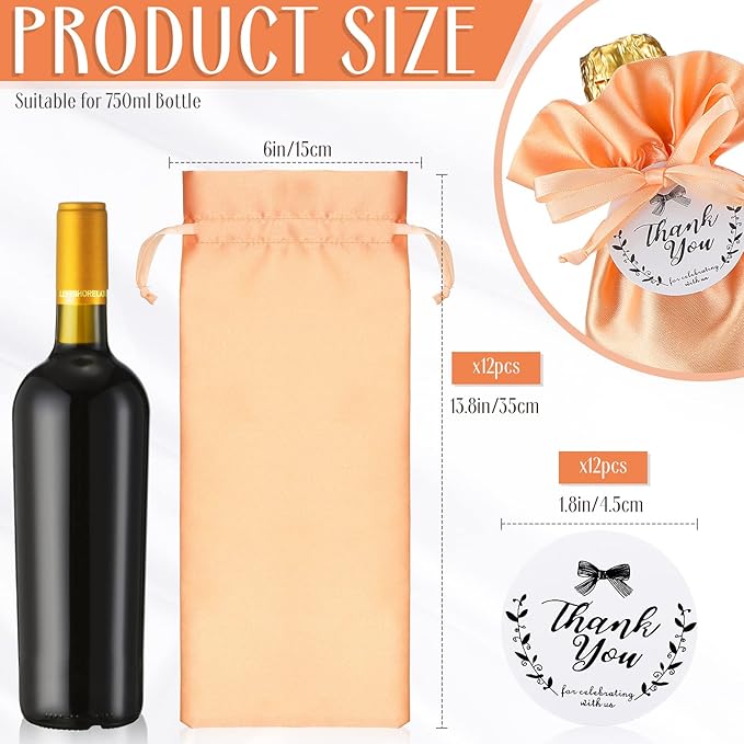 12 Pcs Satin Wine Bags Wine Gift Bags with Drawstrings & Tags, Wine Bottle Bags Reusable Wine Bottle Covers for Christmas, Wedding, Birthday, Travel, Holiday Party, Housewarming (Champagne Gold)