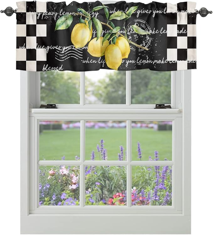 Vandarllin Summer Tropical Lemon Kitchen Curtains Valances for Windows Buffalo Plaid Black White Rod Pocket Window Treatment for Kitchen/Living Room/Bedroom/Bathroom,60" X 18" -1 Panel,