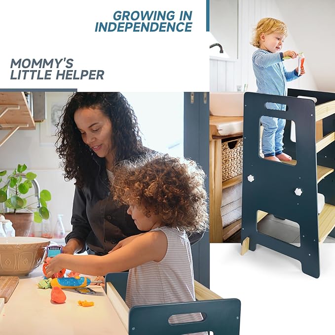 WOOD CITY Kitchen Step Stool - Safe Montessori Standing Tower for Kids with Safety Rail, Height Adjustable Toddler Ideal Helper for Learning New Skills, Anti-Slip Protection for Bathroom - Deep Blue