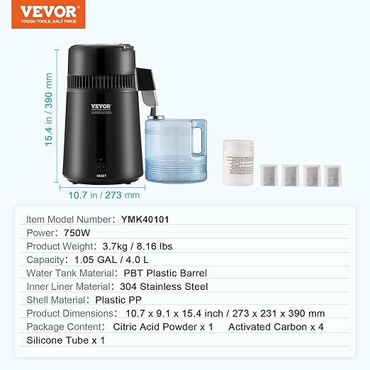 VEVOR Water Distiller, 4L 1.05 Gallon Pure Water Purifier Filter for Home Countertop, 750W Distilled Water Maker, Stainless Steel Interior Distiller Water Making Machine to Make Clean Water, Black