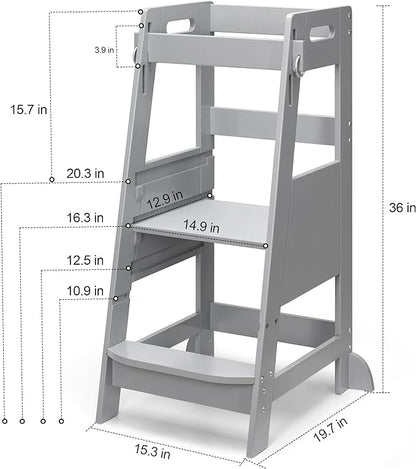 TOETOL Bamboo Toddler Step Stool Grey Learning Standing Helper Tower for Toddlers Kitchen Stools Counter 3 Height Adjustable Helper with Non-Slip Mat