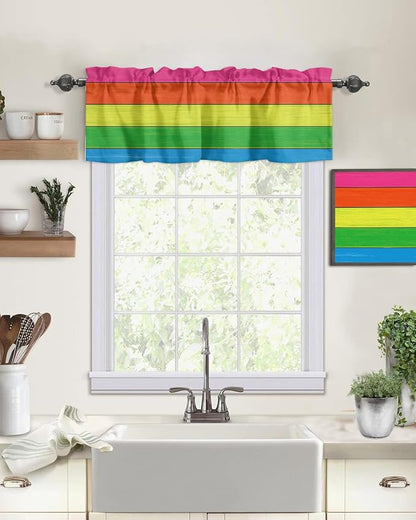 Vandarllin Farmhouse Kitchen Curtains Valances for Windows,Rainbow Retro Rustic Barn Wood Texture Rod Pocket Country Window Treatment for Kitchen/Living Room/Bedroom/Bathroom,54" X 18" -1 Panel