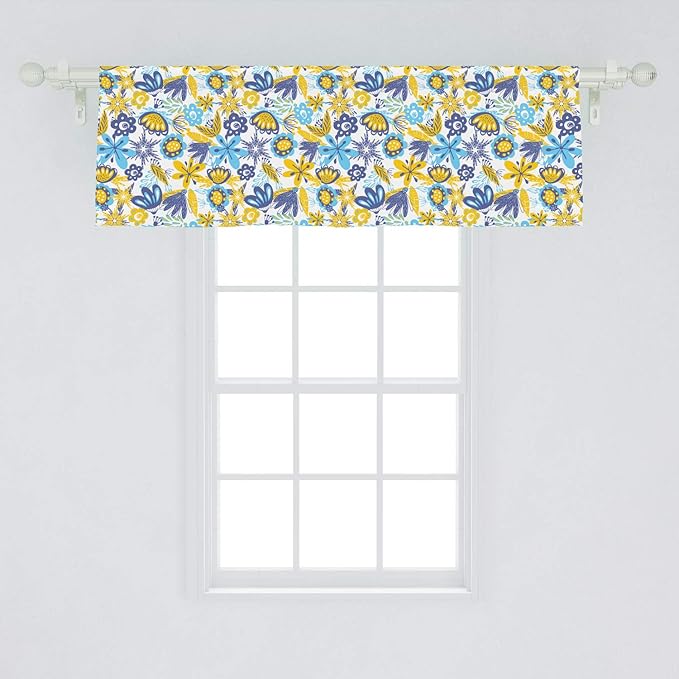 Ambesonne Floral Window Valance, Abstract Flowers Chrysanthemum Design and Tender Butterflies, Curtain Valance for Kitchen Bedroom Decor with Rod Pocket, 54" X 18", Yellow Blue