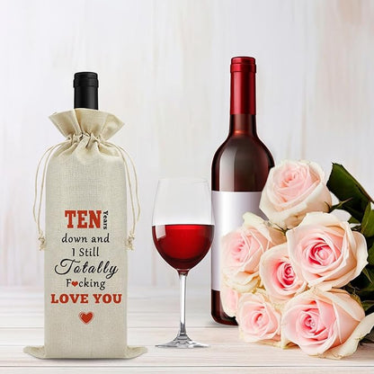 10th Anniversary Wedding Gift for Couple Wine Bag 10 Years of Marriage Gift for Women Men Drawstring Wine Wrapping Bag 10th Anniversary Keepsake Gift Birthday Christmas Valentine Gift Wine Gift Bag