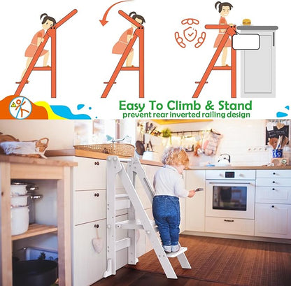 Toddler Tower Foldable, Montessori Kitchen Step Stool Helper, Learning Stool with Safety Rail & Drawing Board, 3 Adjustable Heights Standing Tower for Counter Bathroom Sink (White)