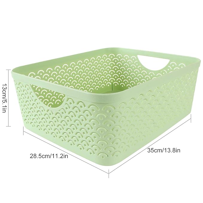 3 Pack Plastic Storage Baskets, Portable Green Fish Scale Pattern Hollow Desktop Storage Bin Box with Handle for Kitchen, Bathroom, Kids Room or Nursery Storage – 13.8 x 11.2 x 5.1 inches