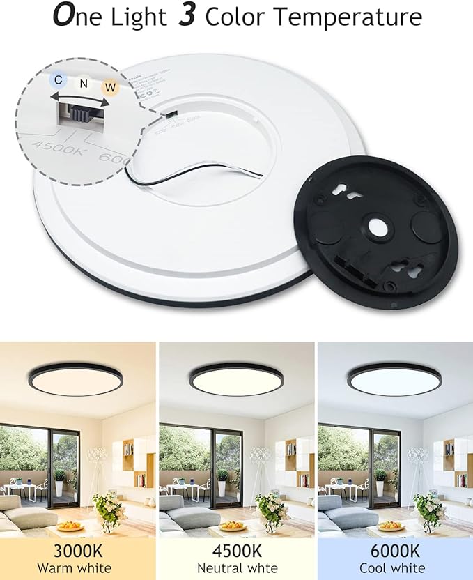 6PACK Flush Mount LED Ceiling Light Fixture Black, 12Inch 28Watt, Dimmable & 3000K-4500K-6000K 3 Color Selectable Ceiling Lamp 3200LM Low Profile Ceiling Light for Kitchen Bedroom Hallway Porch