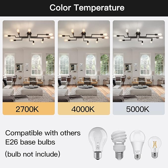 ZGLAOJTBlack 8-Light Ceiling Light, Modern Semi Flush Mount Ceiling Light Fixture,Metal Chandelier for Farmhouse Dining Room Living Room Bedroom Kitchen.