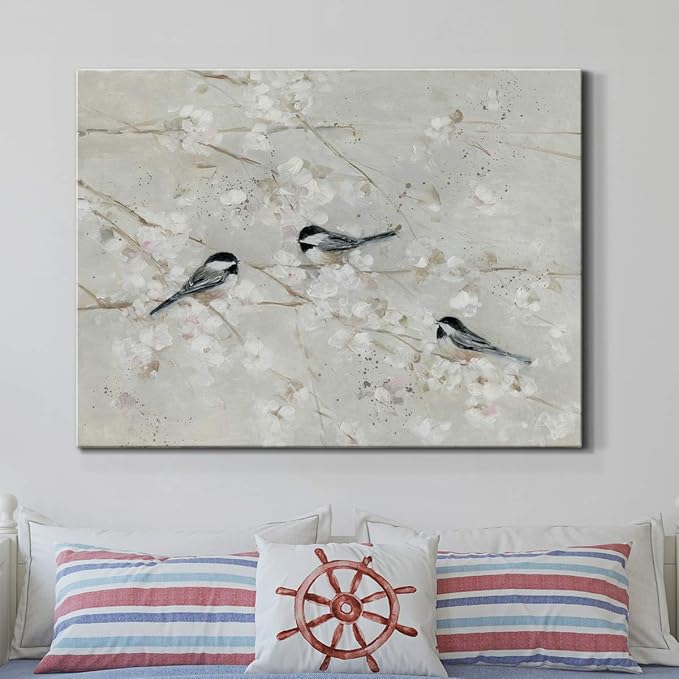 Renditions Gallery Canvas Nature Wall Art Home Paintings & Prints Elegant Little Birds Glam Romantic Abstract Modern Botanical Artwork Decor for Bedroom Office Kitchen - 24"x36" LT33