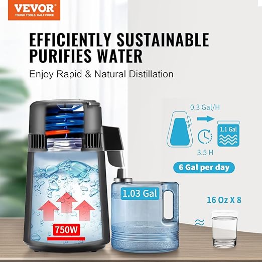 VEVOR Water Distiller, 4L 1.05 Gallon Pure Water Purifier Filter for Home Countertop, 750W Distilled Water Maker, Stainless Steel Interior Distiller Water Making Machine to Make Clean Water, Black