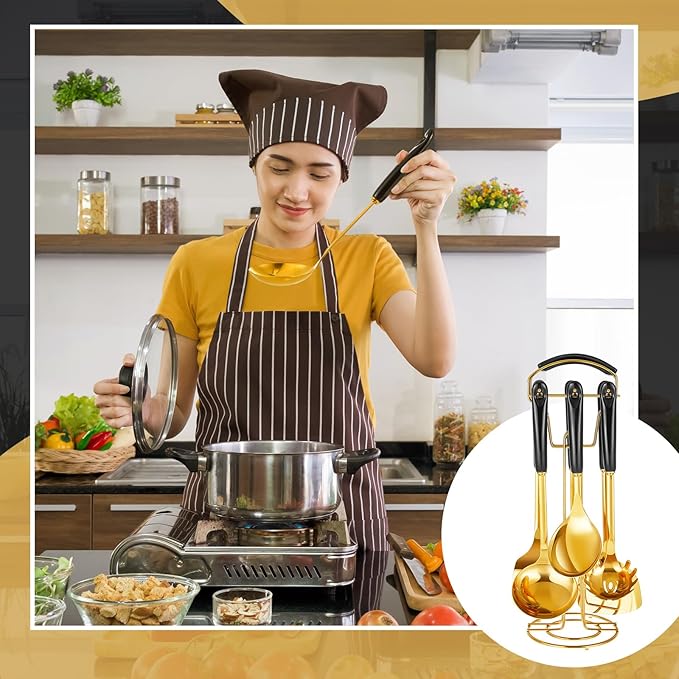 Black and Gold Cooking Utensils Set 7 Pcs Stainless Steel Kitchenware Includes Hanging Shelf Include Slotted Spoon, Slotted Spatula, Large Spoon, Soup Ladle, Spatula, Pasta Spoon